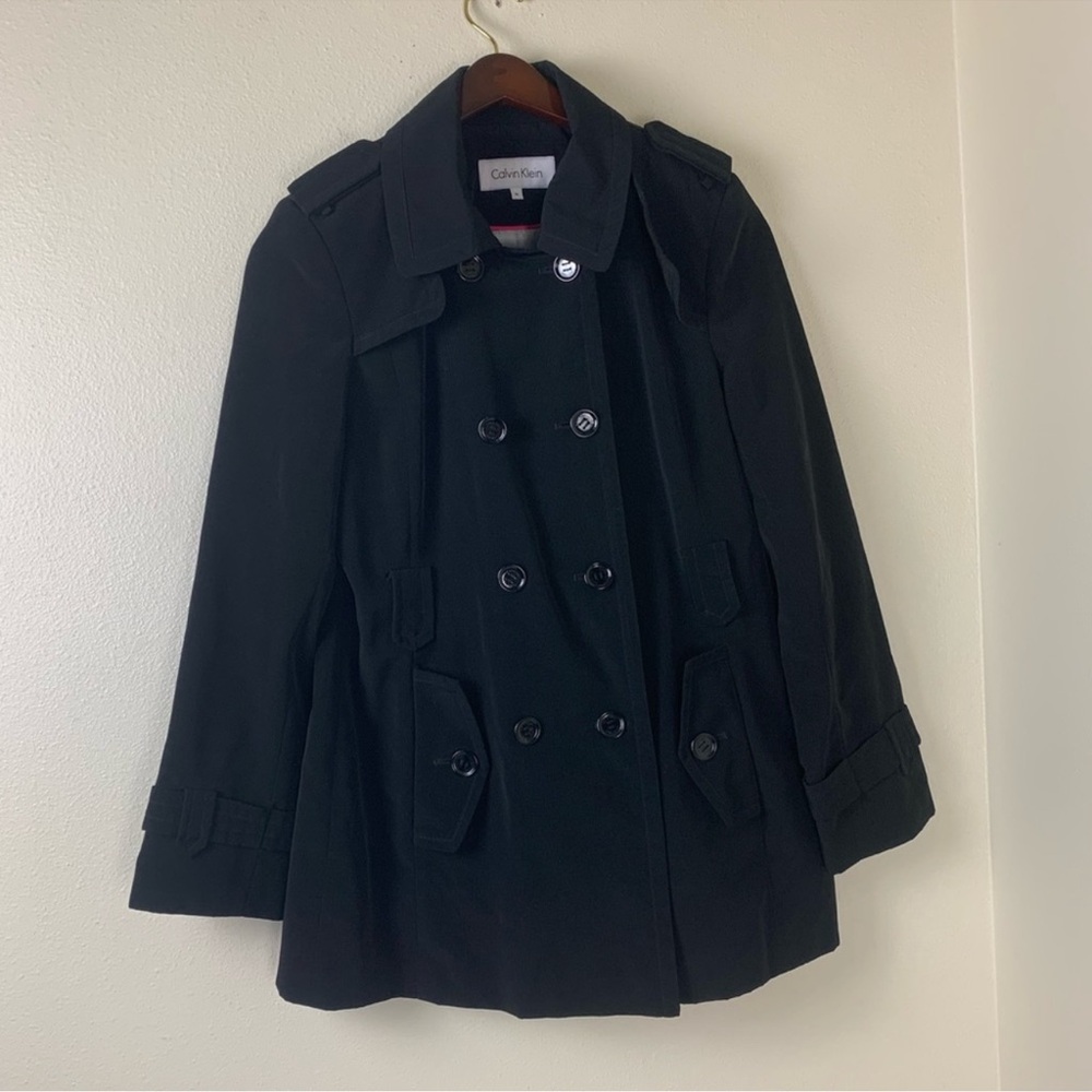 🖤 Calvin Klein Black Double-Breasted Trench Jacket Women’s M inspector style
